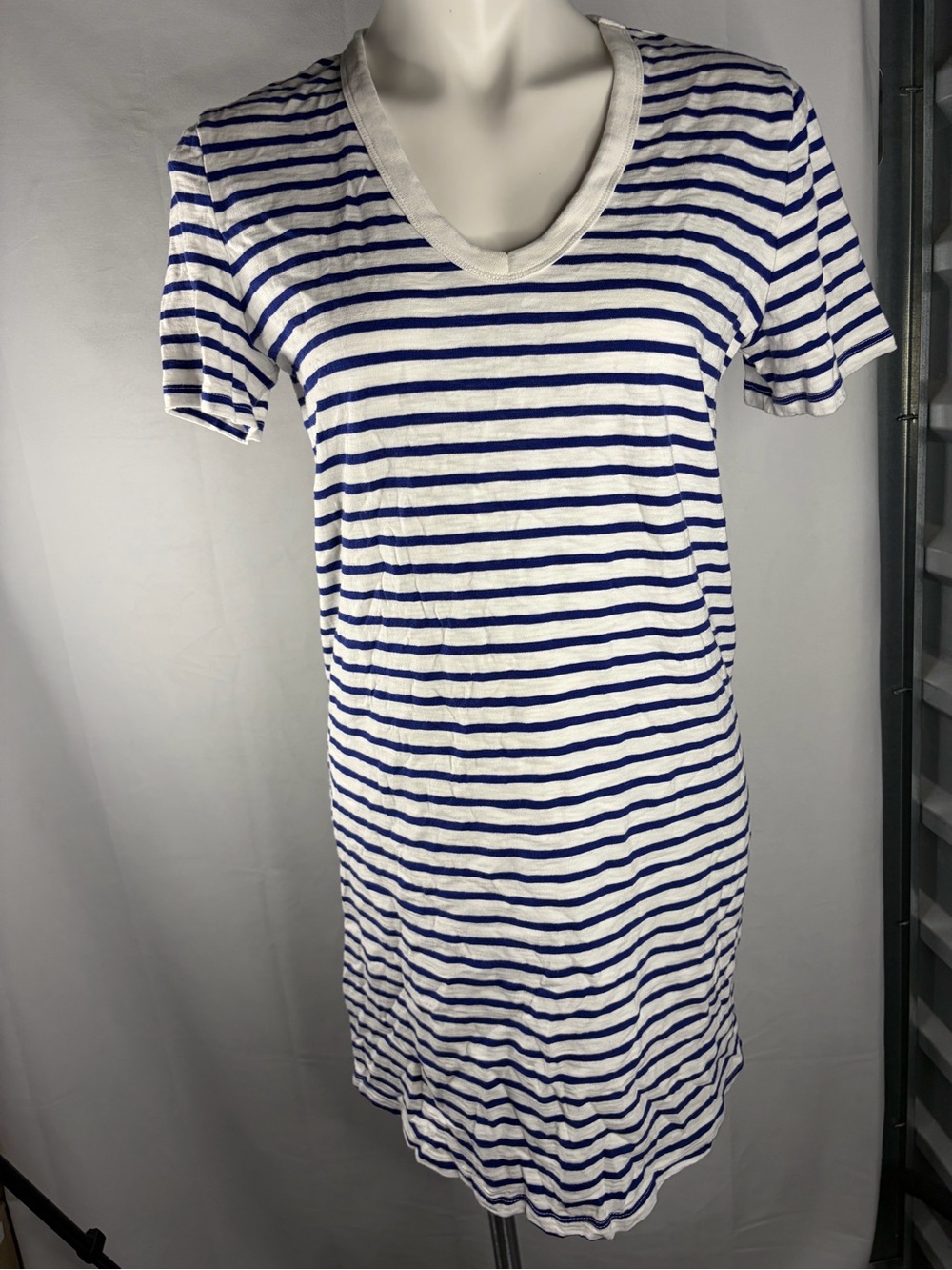 Universal Thread White and Blue Striped V-Neck T-Shirt Dress